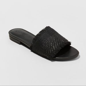 Black fringe twill slide yvette sandal mule 10